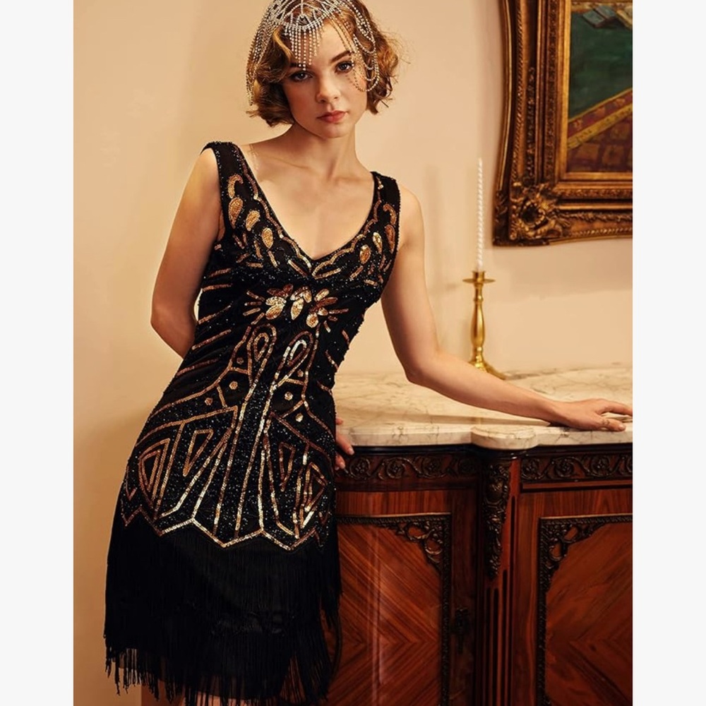 BABEYOND Women's Flapper Dresses 1920s V Neck Beaded Fringed Great Gatsby Dress
